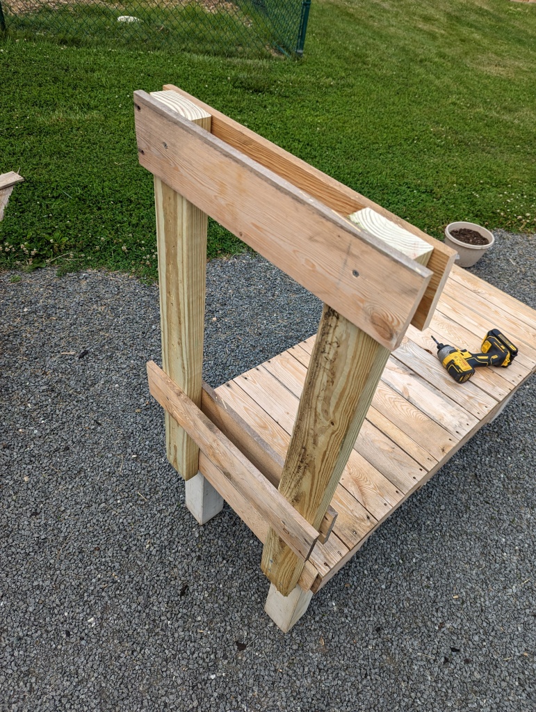Photo of vertical structure of DIY pallet goat milking stand